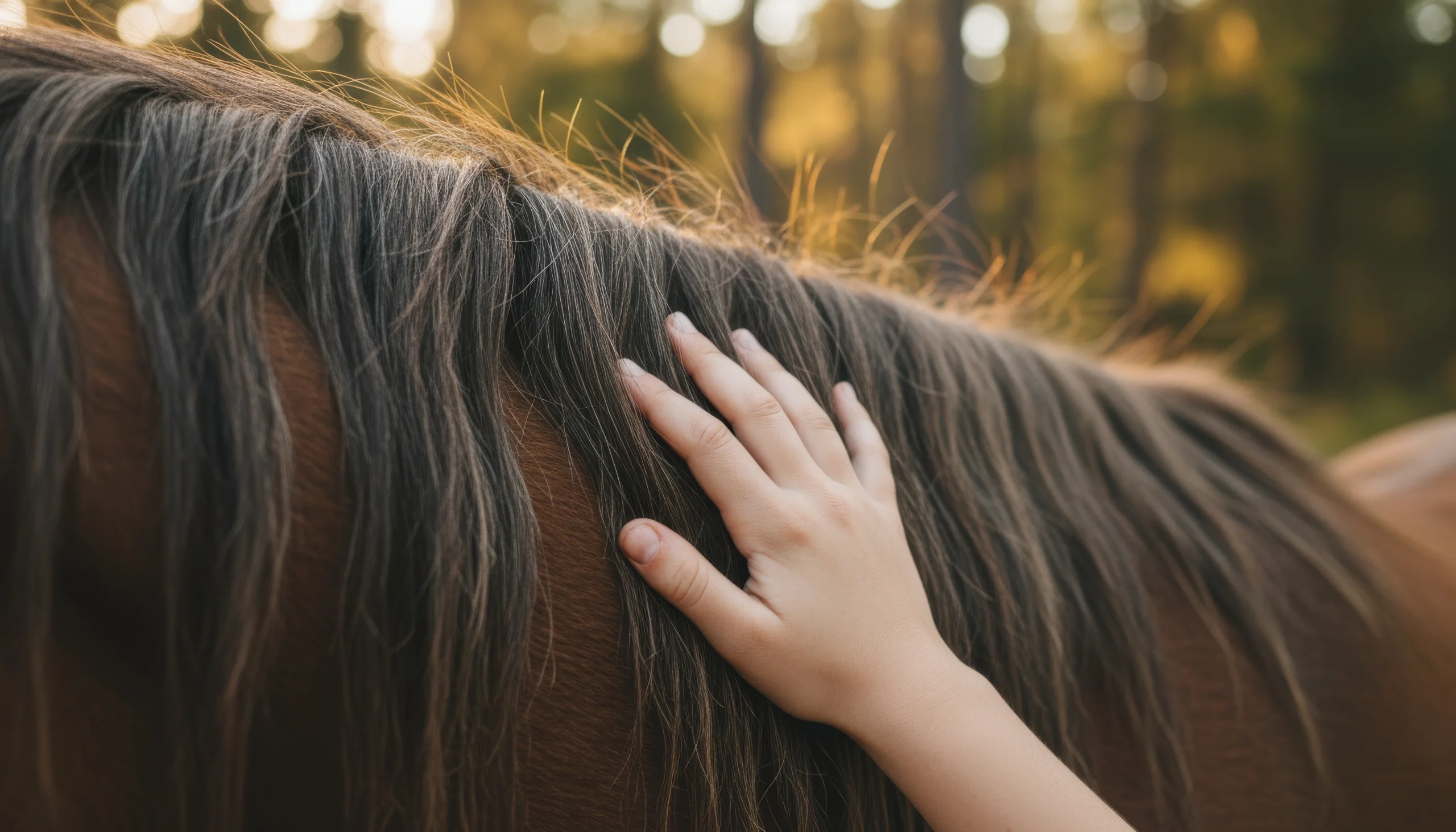 Girl petting horse after trail ride close up hand stroking mane with warm forest light detail